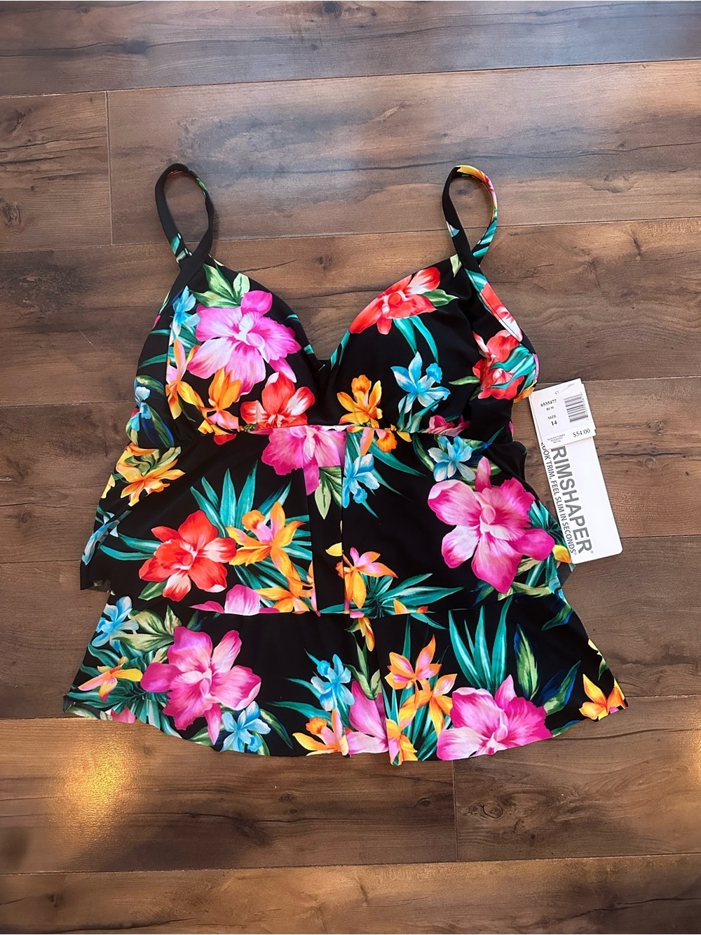 Trimshaper NWT Size 14 Black Tropical Floral Tiered Swimdress Swimsuit